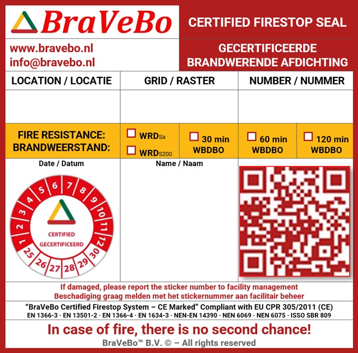 BraVeBo QR-label voor een gecertificeerde brandwerende afdichting met velden voor locatie, brandweerstand (WBDBO/WRD) en uniek nummer.